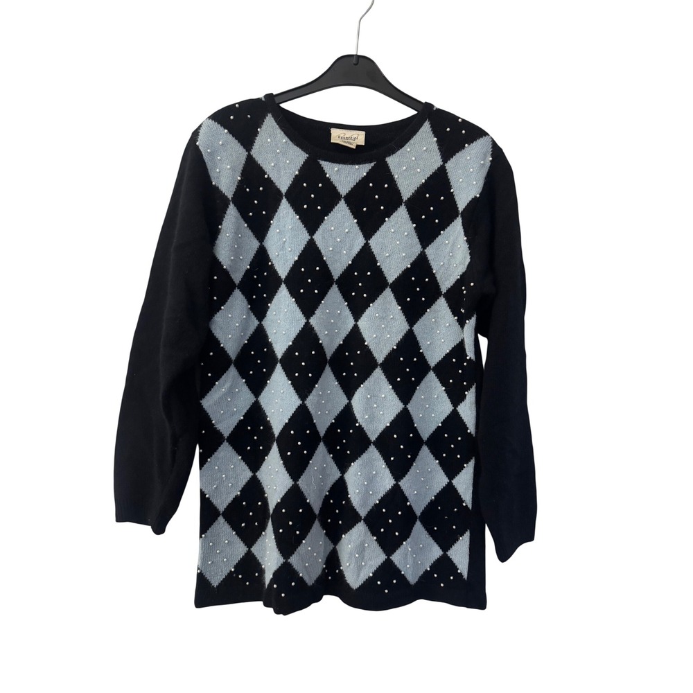 Essential Elements Argyle Pearl Sweater Lambswool Angora Black Blue A7816 Medium